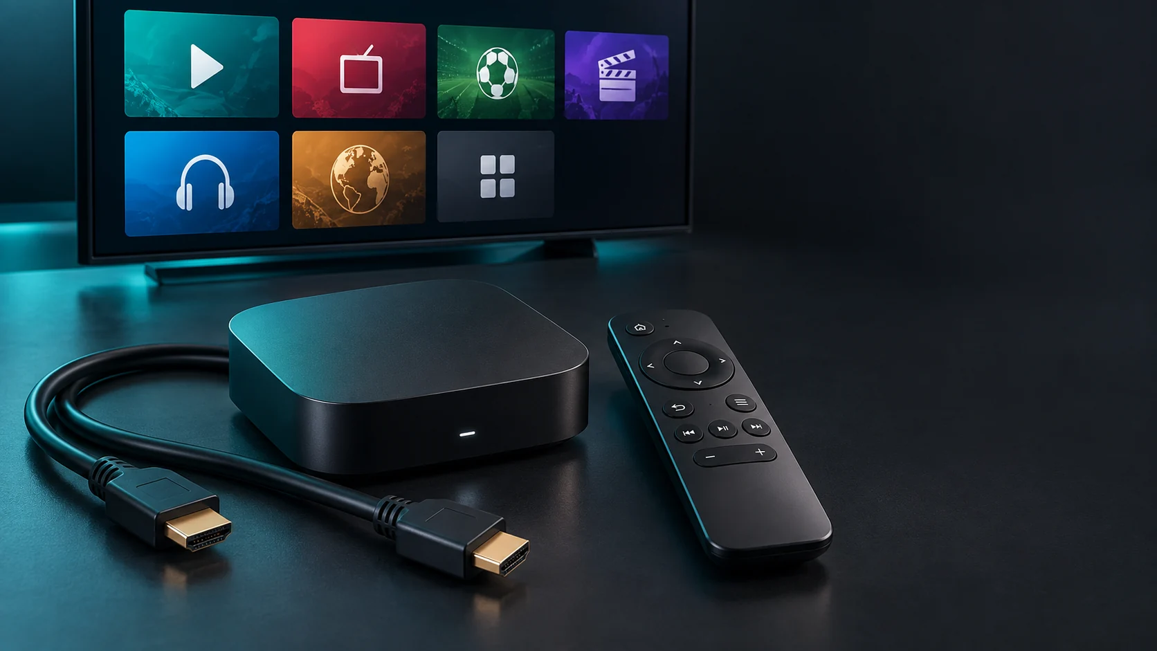 صورة تعبيرية لجهاز بث وريموت ووصلة HDMI وواجهة مشاهدة
